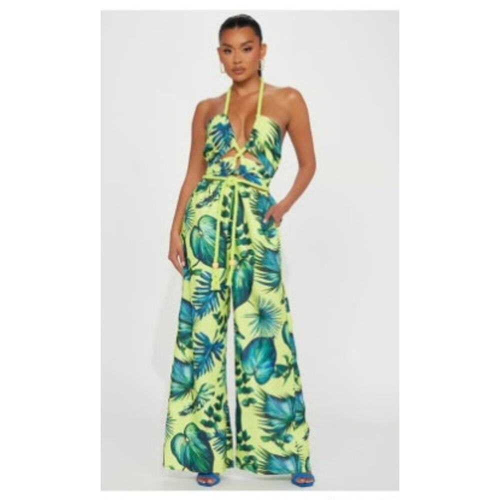 New L'ATISTE by Amy Palm Print Halter‎ Rope Trim Wide Leg Jumpsuit Lime Green XL